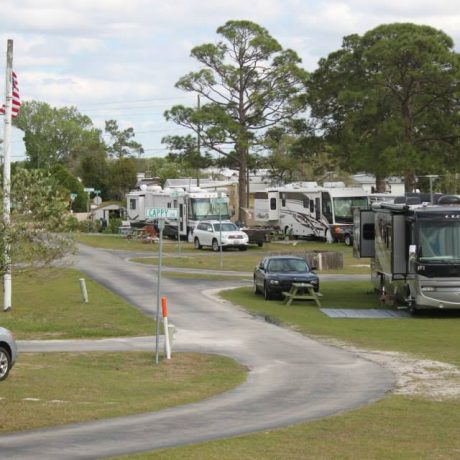 A well-maintained RV site with paved roads, hookups, and shaded spots, showcasing the premium RV accommodations available at Lake Letta RV Park in Avon Park, FL.